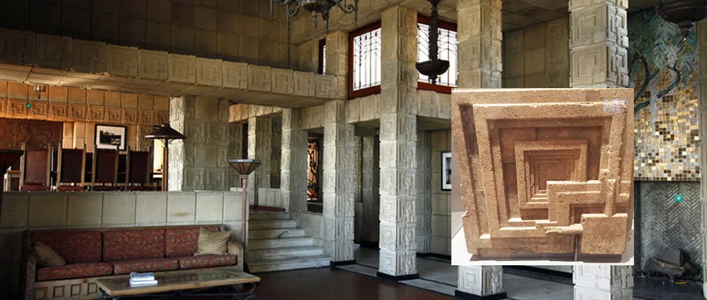 Paul's photo of a textile concrete block is inset here in an image of the Ennis house. The patterned block forms the exterior and interior. The residence was designed by FLW for Charles and Mable Ennis in 1923, and it was built in 1924 in the Los Feliz neighborhood of Los Angeles.