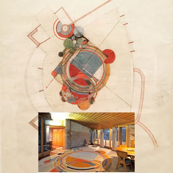 Here's Paul's photo of a graphic illustration of an FLW rug design with bold graphic shapes. The inset shows the finished run in the living room of David (his son) and Gladys Wright.