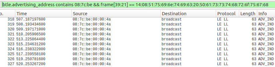 Figure 1: Wireshark capturing Bluetooth traffic with wardriving filter