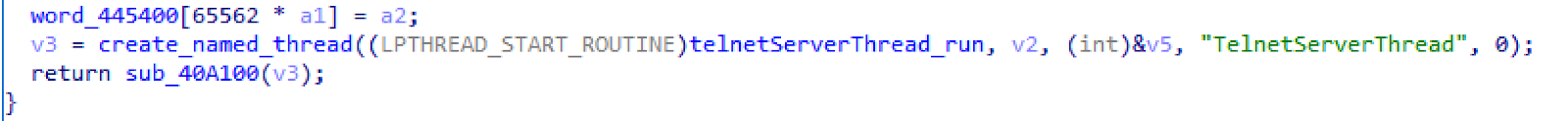 Hex-Rays Output Showing the Creation of a Telnet Server Thread 