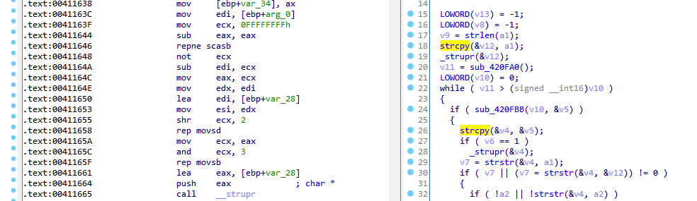 Example of inlined strcpy() - Disassembly on left, HexRays decompiled version on right