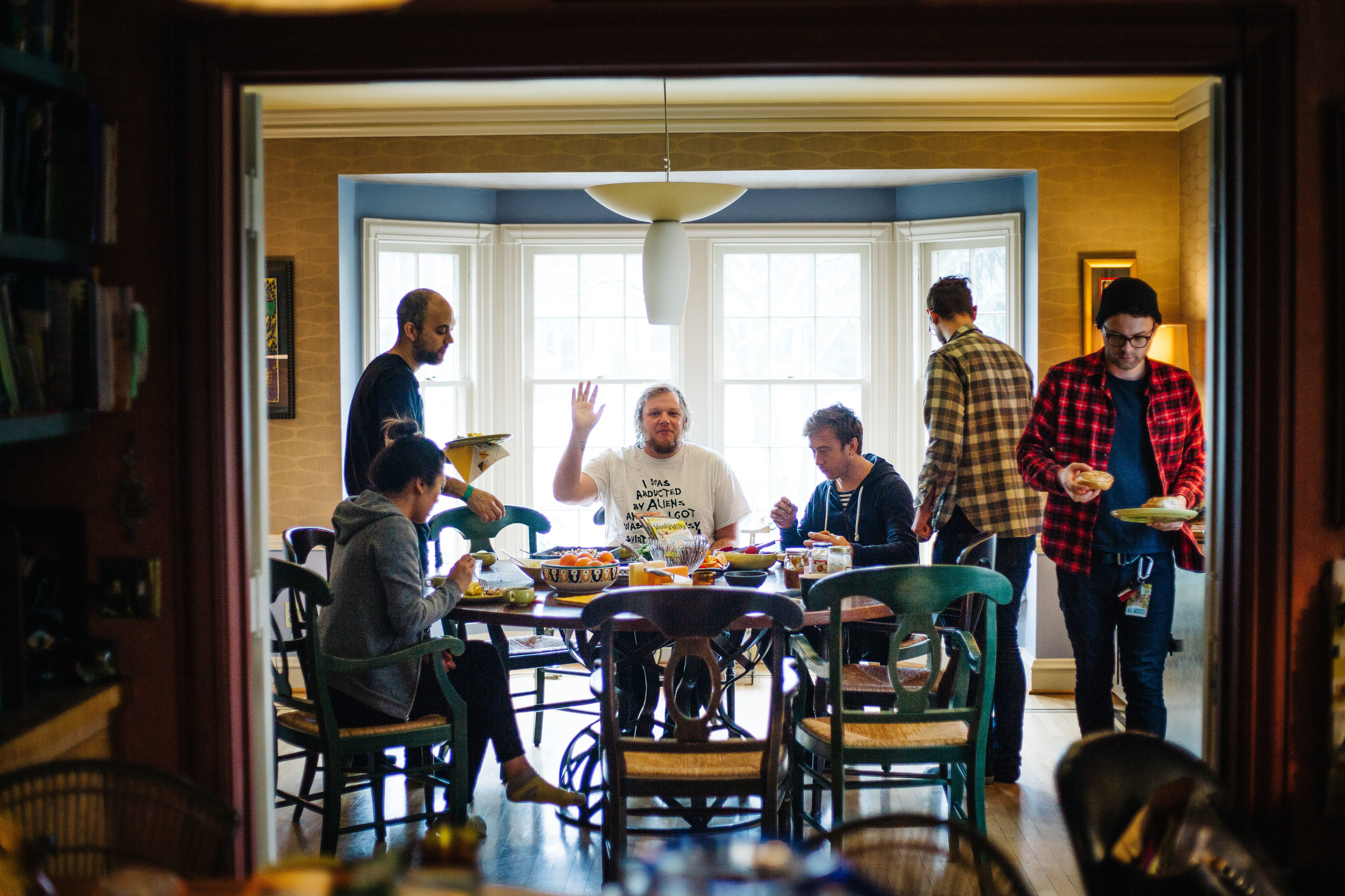 Wil Wagner waves at the camera during breakfast at the Stern Family home in Cleveland, Ohio, Friday April 8, 2016. Max's mom, Peggy Stern, prepared a breakfast for all three bands and it was wonderful. 
