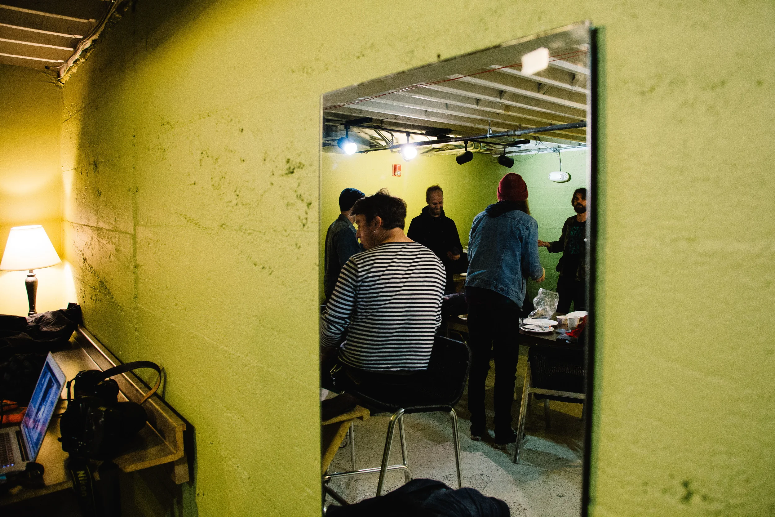 Down in the second green room at The Crofoot, The Smith Street band hang out before the show in Pontiac, Michigan, Saturday, April 9 2016.