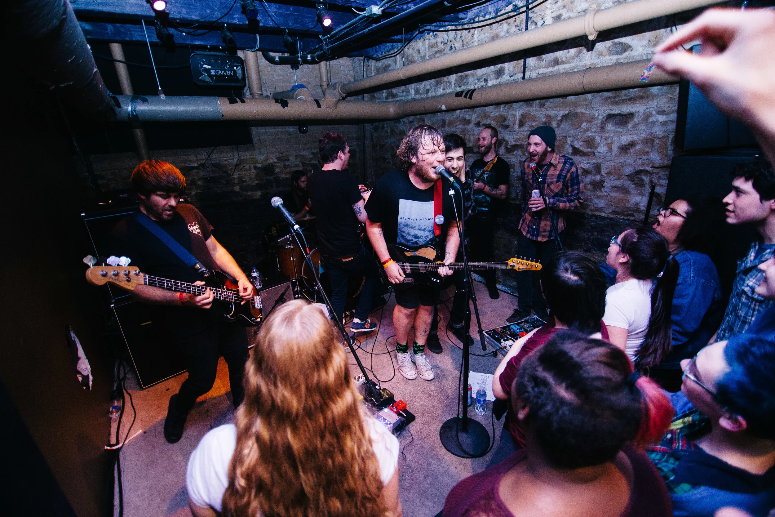 Signals Midwest bombarded the stage during The Smith Street Band's set while they performed "I Love Life" at The Nether Bar in Minneapolis, Minnesota, Monday, April 11, 2016.