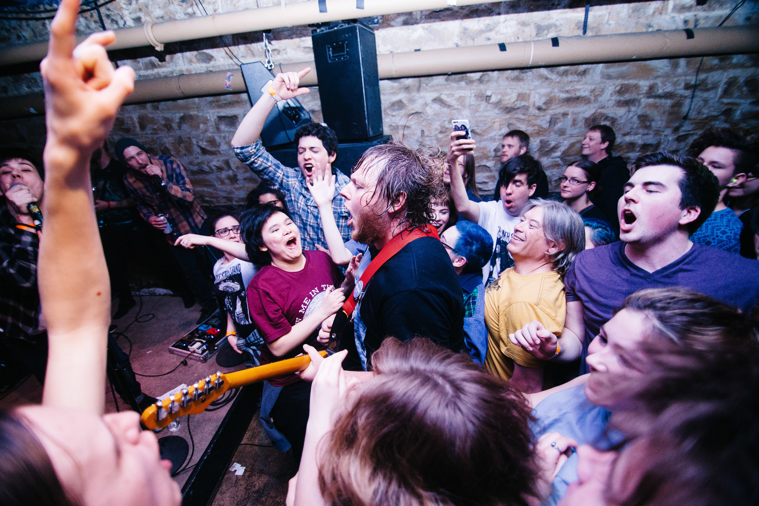 Wil Wagner Jumps in the crowd at The Nether Bar in Minneapolis, Minnesota, Monday, April 11, 2016.
