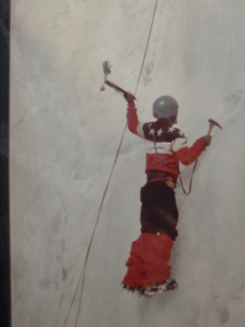 Goofing off during the lunch break at Bill March’s climbing seminar. See a 7Up can on my tool, and wind-pants down to my ankles, and no rope.