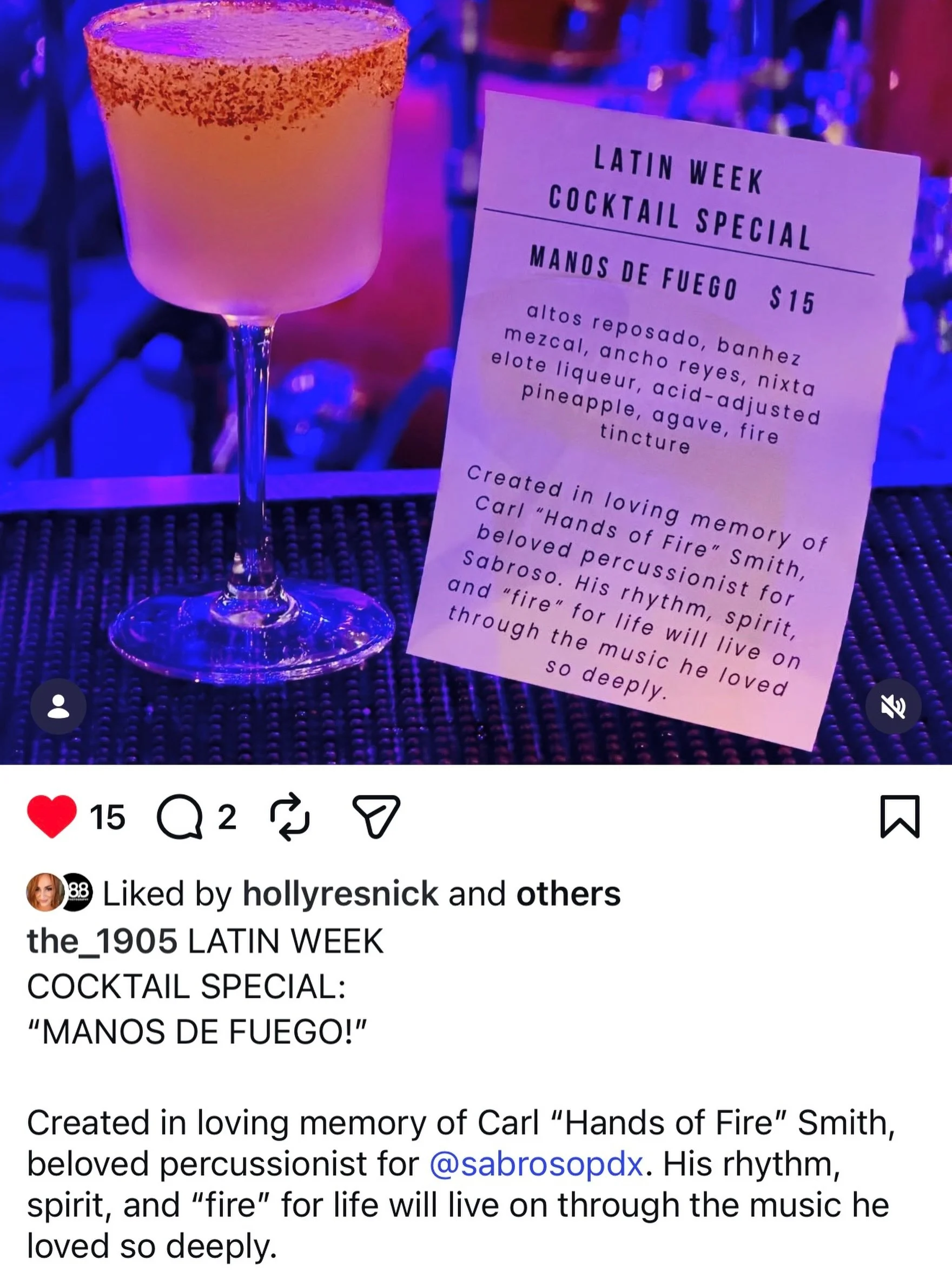 Love this drink being offered at @the_1905 for Latin Jazz week in memory of our fallen brother Carl Smith. Order one and give a cheers to Carl!