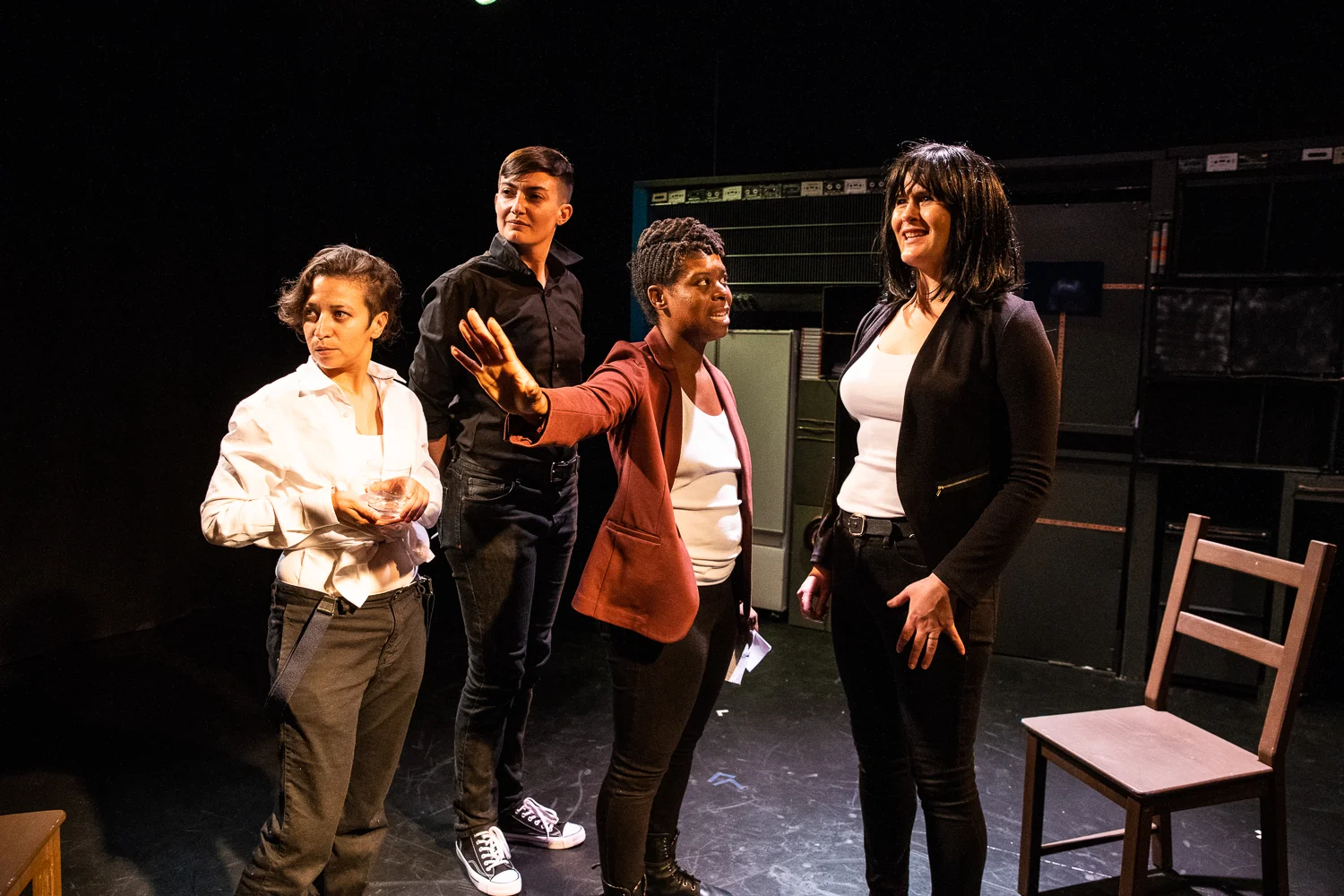 Jackie Rivera, Megan P. Hanley, Jehan O. Young, and Alanna Coby in Tiny Errors at the End of the Millennium. Photo by Al Foote III.