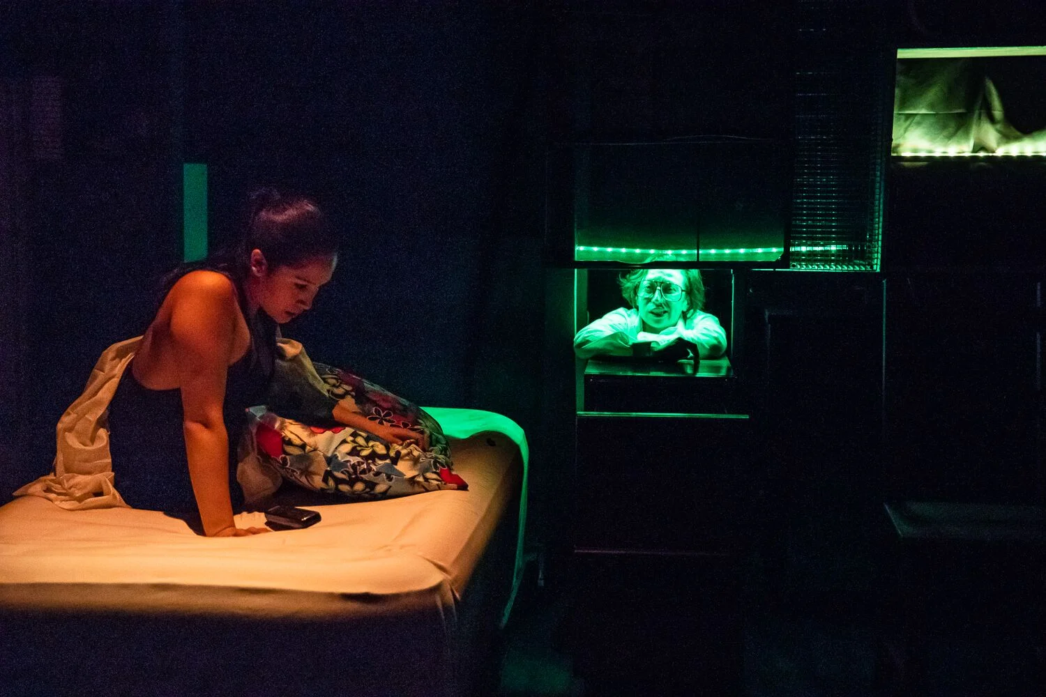 Maria Ximena Salgado Hinojosa and Jackie Rivera in Tiny Errors at the End of the Millennium at IRT Theater. Photo by Al Foote III