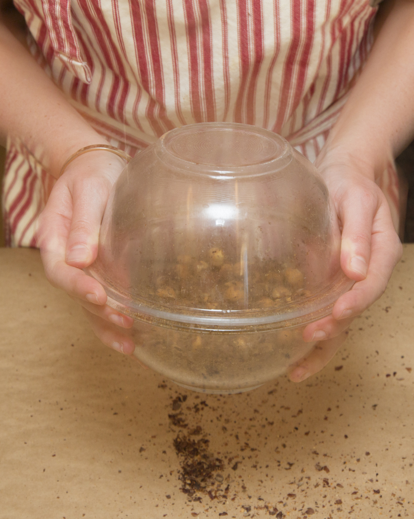 Removing the skins using the two bowl shake method.