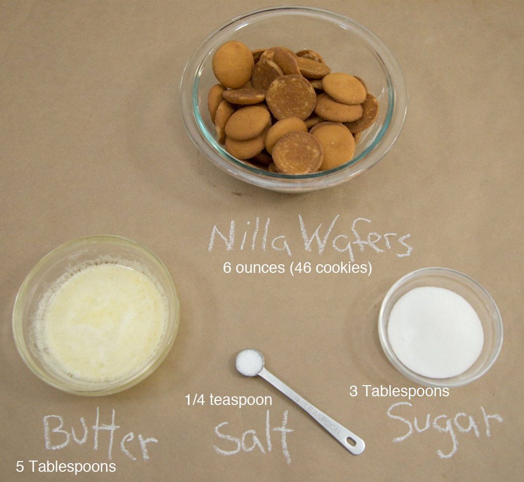Ingredients for the pie crust. The Nilla Wafers can be swapped out for 6oz of any cookie or graham cracker. 