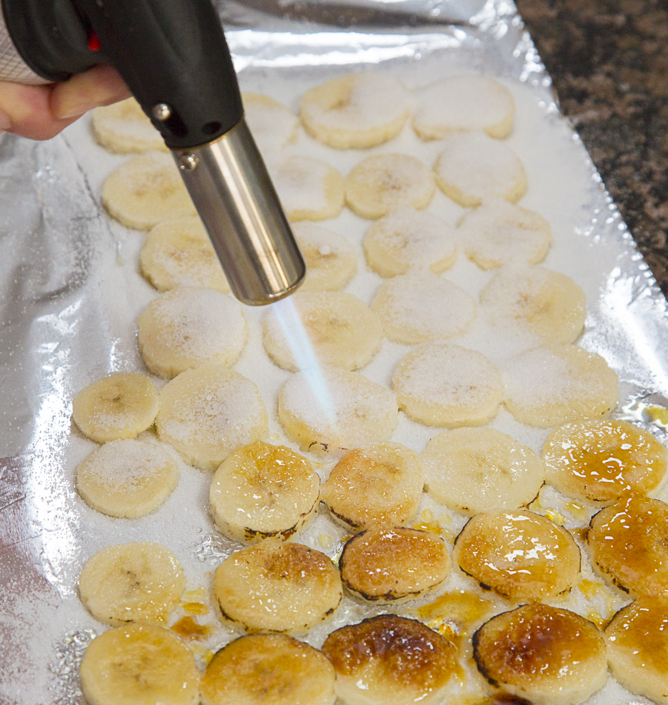 To caramelize the bananas (or just about anything) sprinkle with sugar and take a blow torch to 'em. It's super fun. 