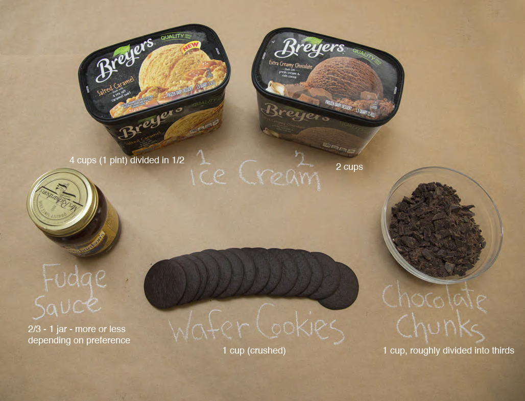 The ingredients for the caramel-chocolate cake. But keep in mind you can use any flavor combinations you like! Just follow the general proportion guidelines and you'll be good to go. 