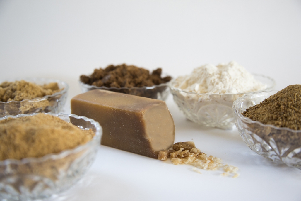 Left to right: Coconut Sugar, Light Muscovado, Dark Muscovado, Wasanbon, Piloncillo and Maple Sugar (center)