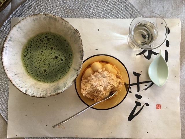 Every meal needs dessert! Matcha tea with fresh mochi, served on a handpainted placemat by our Tokyo host, Keiko.