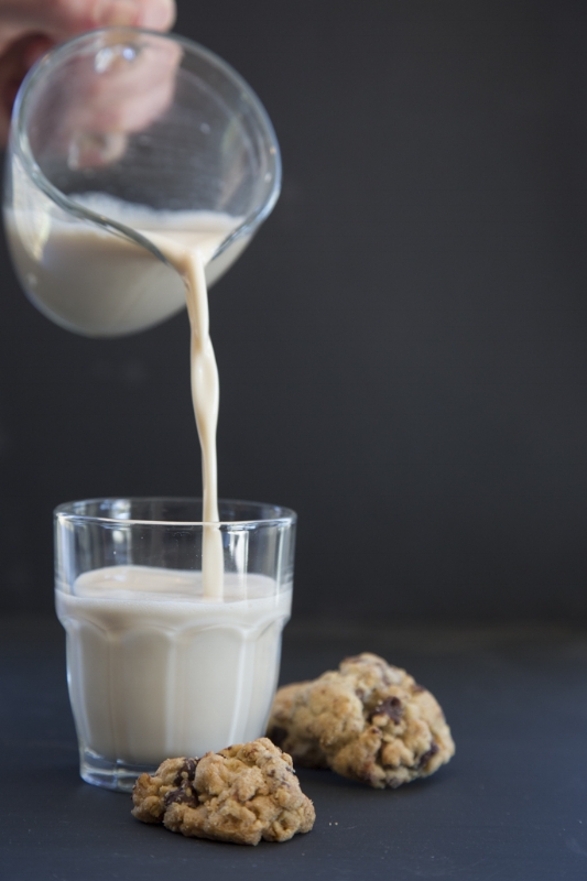A nice cold glass of almond milk pairs perfectly with chocolate chip cookies. 