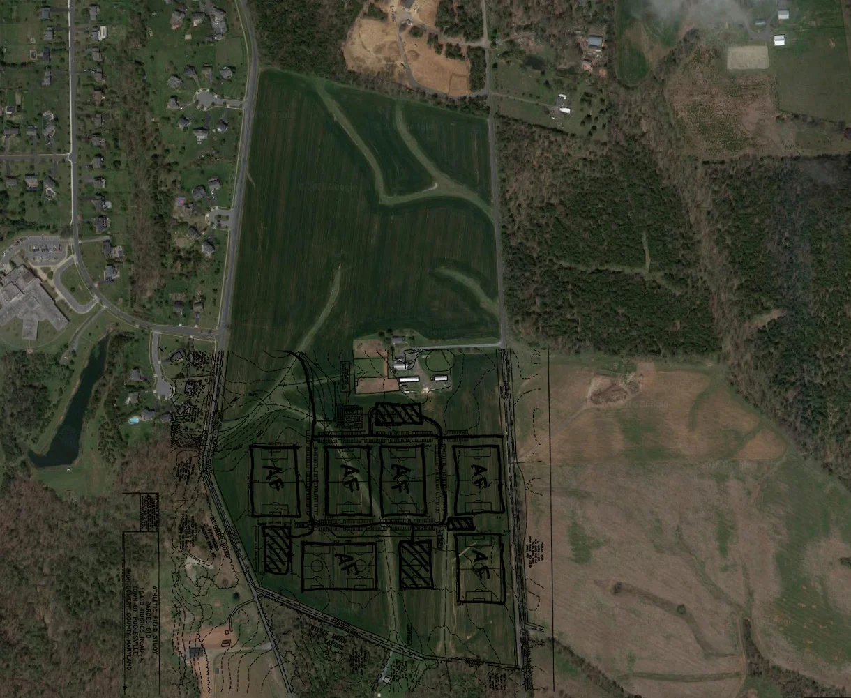 Early drawing incorporating existing farm land along with site plan