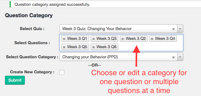 Choose or edit a category for 1 quiz question or for multiple for questions
