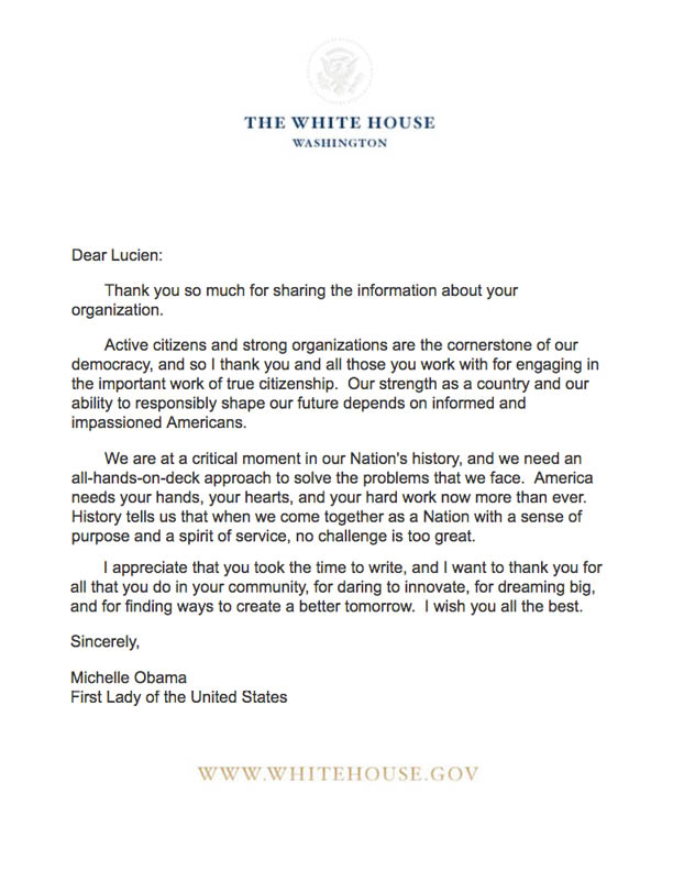 LETTER FROM MICHELLE OBAMA TO THE OPEN STRING