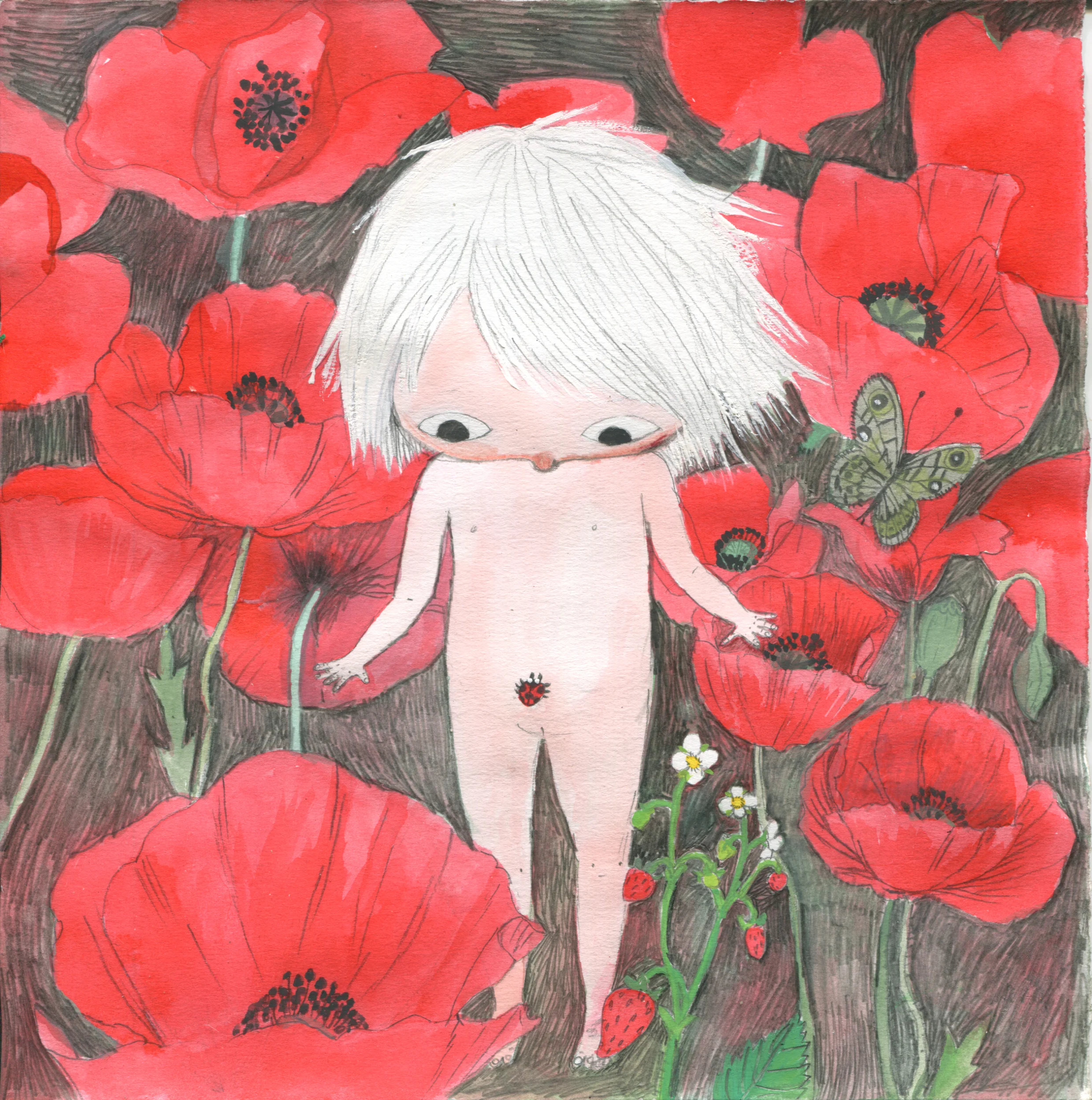 red, gouache and pencil on paper, 21 x 21 cm.