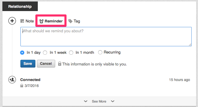 The 'Reminder' feature appears under the 'Relationship' tab, just under the Profile Header.