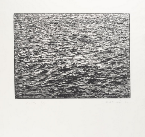 Ocean Surface Woodcut, woodcut, 1992, on Whatman 1953 paper, printed in collaboration with master printer Leslie Miller and published by The Grenfell Press, New York, edition of fifty plus ten artist’s proofs © Vija Celmins