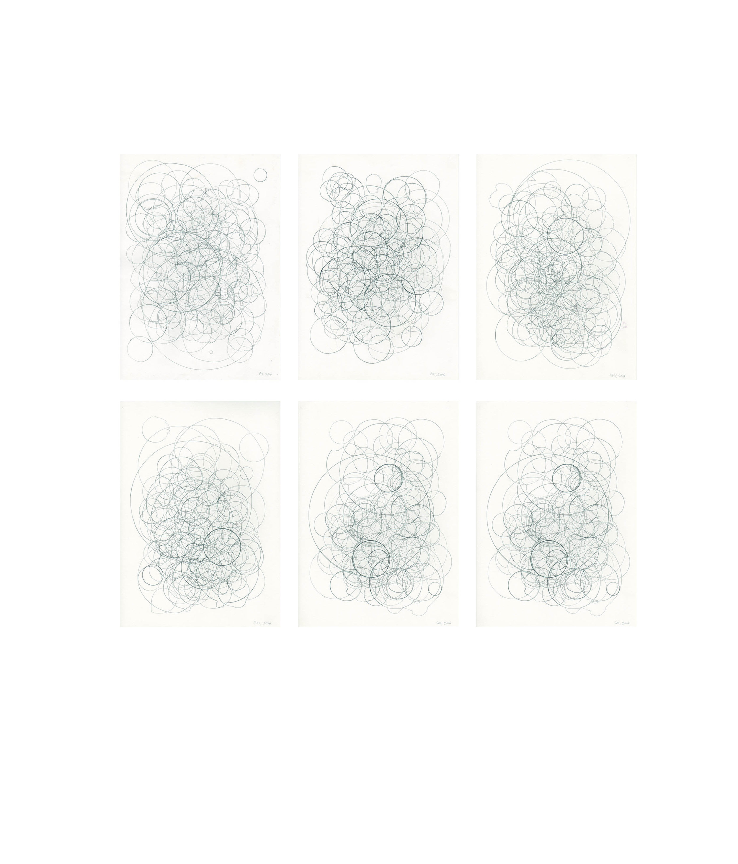  Twelve Hour Shift, 2016                                                                          12 one-hour drawings, tracing the outline of every piece of circular plastic found on a single beach, on one walk.   Graphite on Hahnemuhle Bamboo Fine 