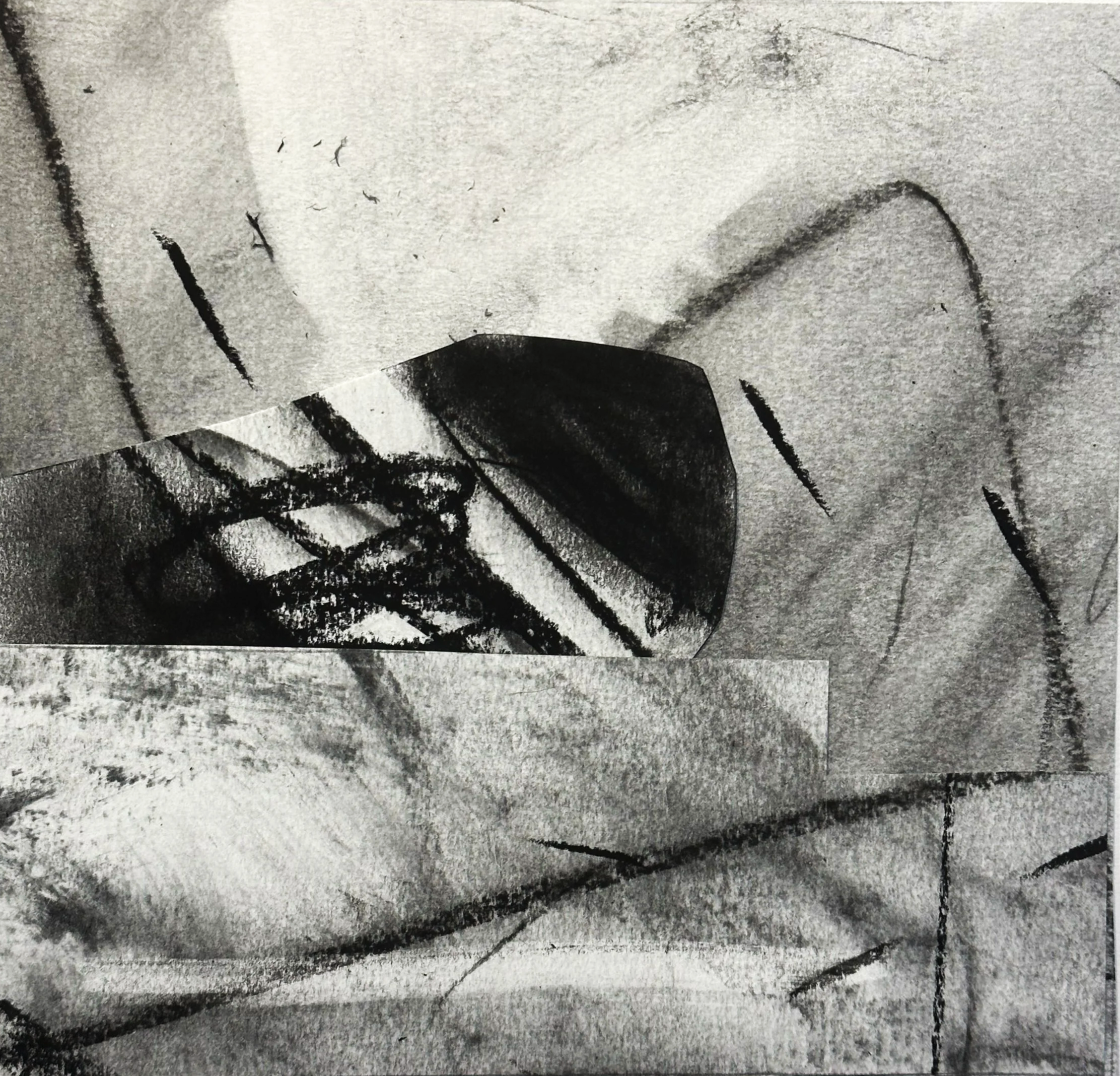 Collaged drawing (i) 2023
Compressed & Willow Charcoal, glue on paper 10 x 10cm