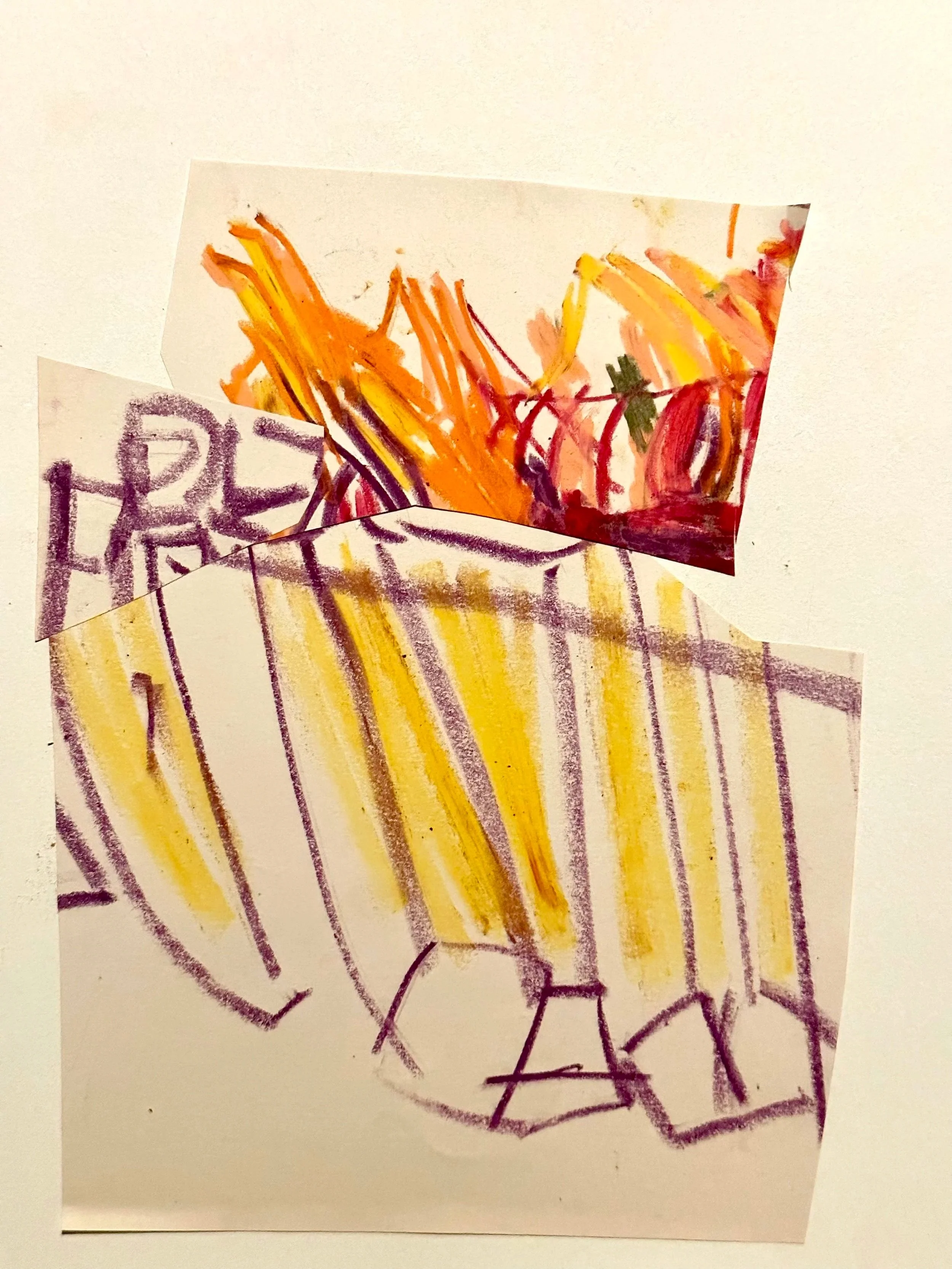 Oil Pastel, pencil, wax crayon and glue on paper, 2023