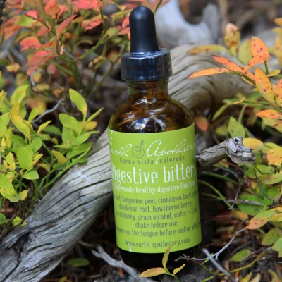 Digestive Bitters 2 ounces - Ingredients: Gentiana root, Tangerine peel, Cinnamon bark, Ginger root, Dandelion root, Hawthorne berry, local Honey (Buena Vista, CO), grain alcohol, and water.
