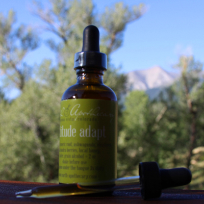 Altitude Adapt 2 ounces - Ingredients: Osha root, Turmeric root, Ashwaganda, Eleuthero, Schisandra Berries, local Honey (Buena Vista, CO), water, and grain alcohol.