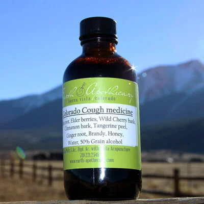 Colorado Cough Medicine 4oz - ingredients: ethically wild-crafted osha root, wild rose hips, elderberries, tangerine peel, cinnamon bark, ginger root, spring water, local honey, and brandy