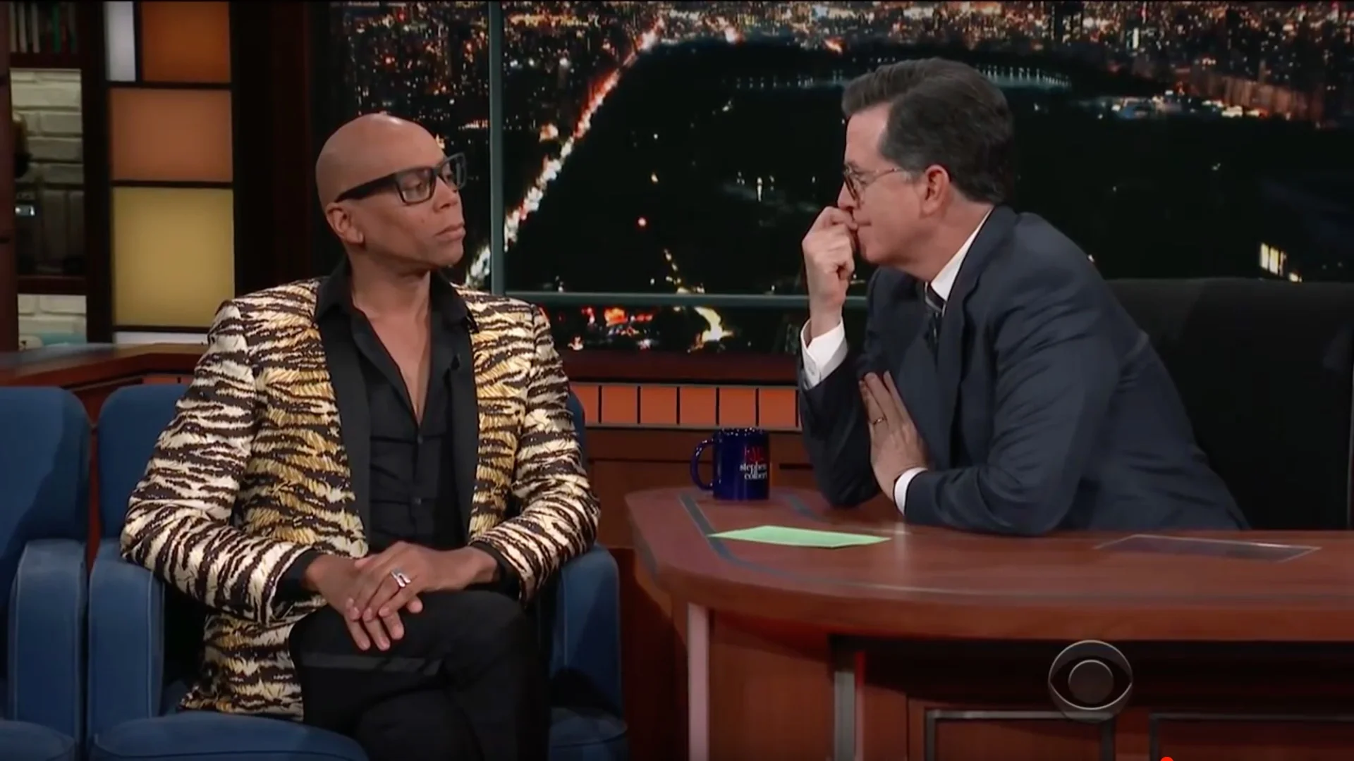 RuPaul Charles wearing his own Charlotte Greville ring on Late Night with Stephen Colbert