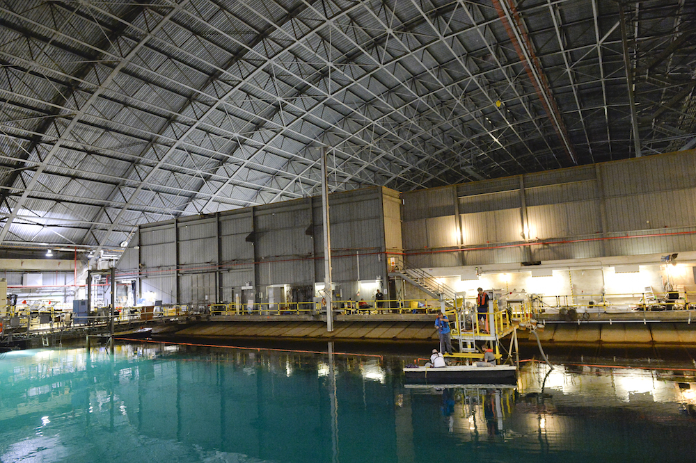 CalWave's prototype is lowered into the Carderock tank for testing.