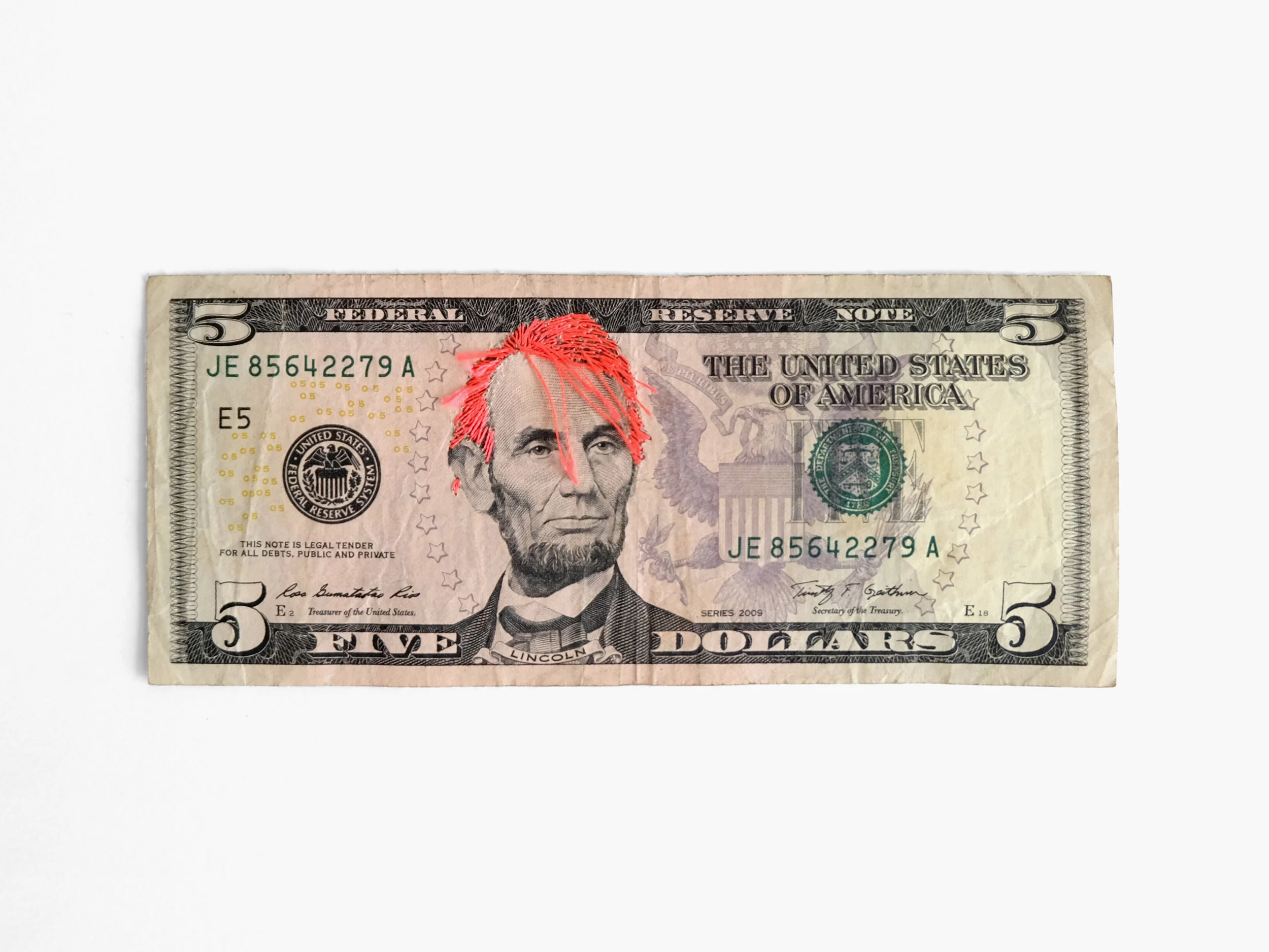 Abe American banknote, embroidery floss 6.14 x 2.61 in 2016