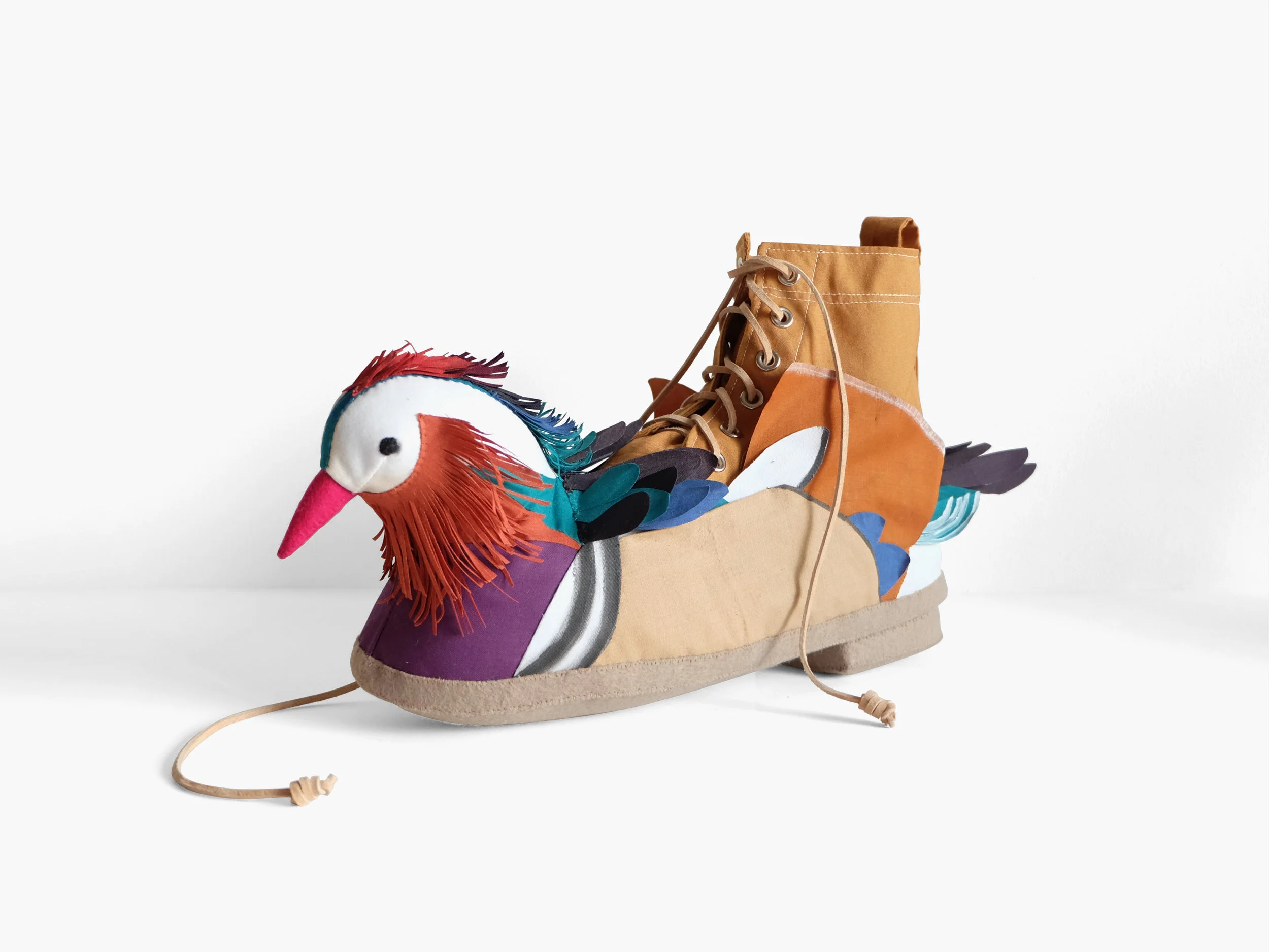 Mandarin Duck Boot Fiberfill, felt, cotton cloth, FrayCheck, fabric paint, grommets, leather cord 17 x 8 x 4 in 2018