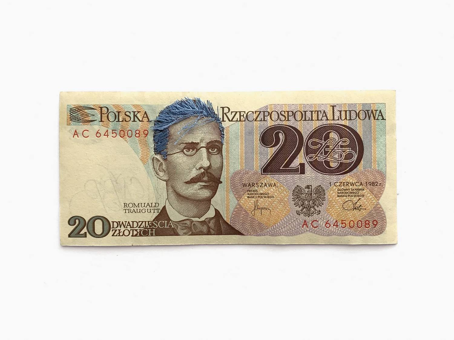 Romauld Polish banknote, embroidery floss 5.5 x 2.5 in 2019