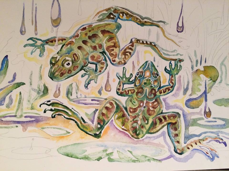 A work in progress: Leaping Bullfrogs. This piece is hanging in the Greenhouse all July!