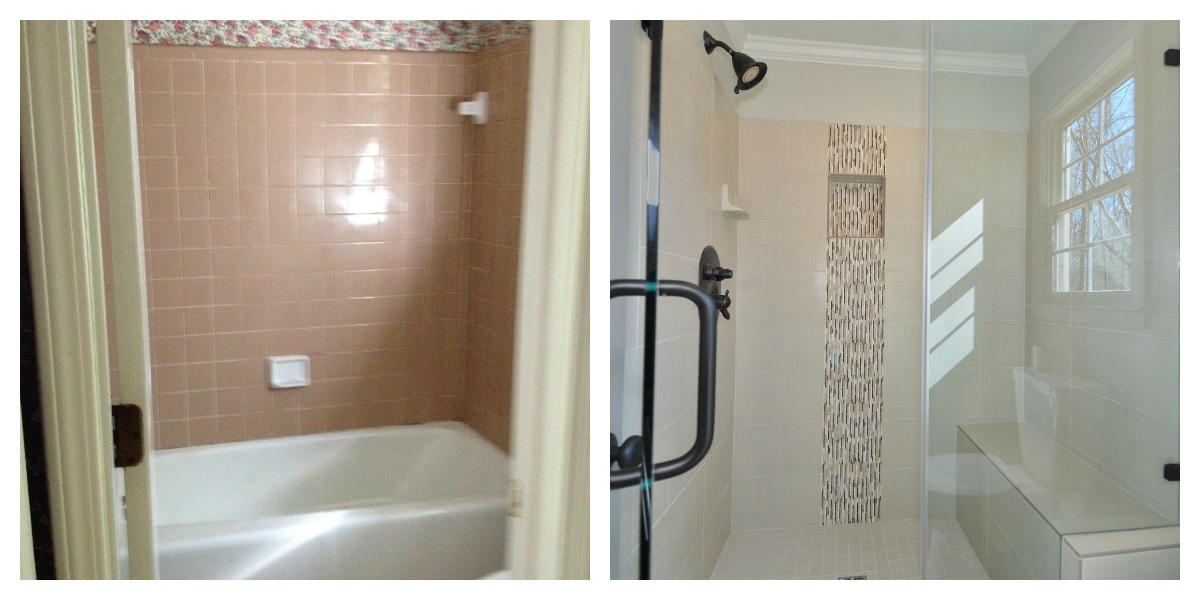 Master shower before and after