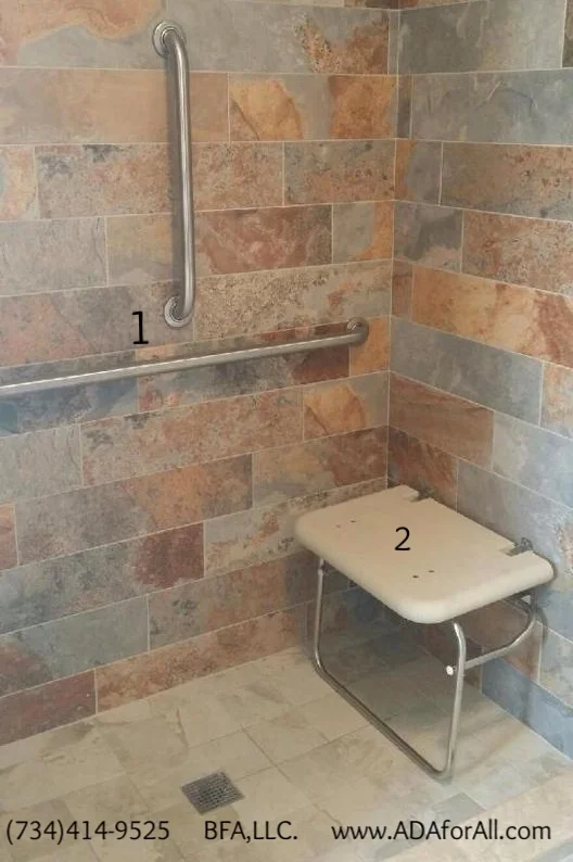 1. Grab bars, 2. Folding shower bench