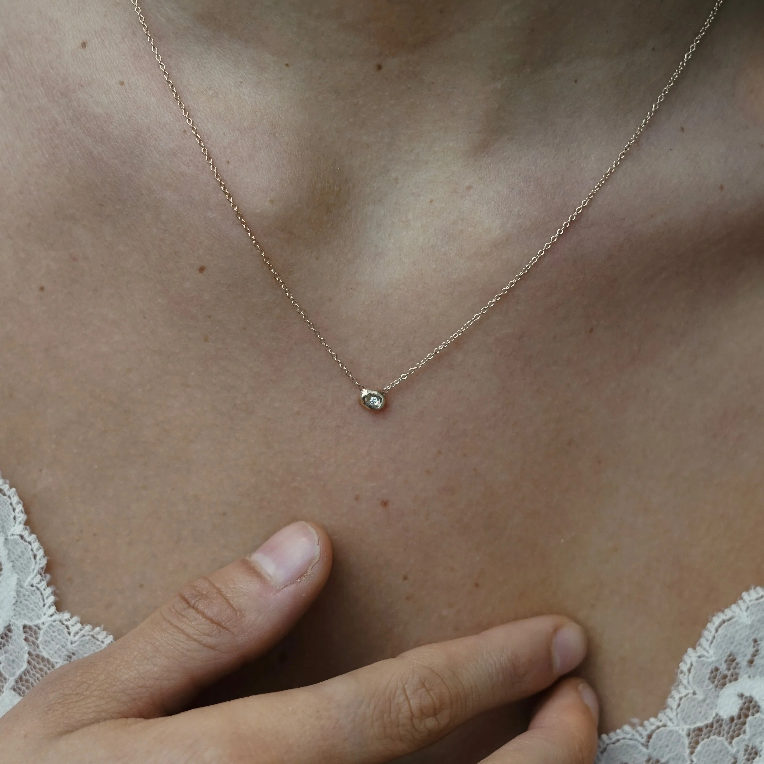 A keshi pearl inspired diamond necklace. The pendant is cast from a keshi pearl then set with a brilliant diamond. View more keshi pearls jewelry at www.everlijewelry.com/keshi-pearls