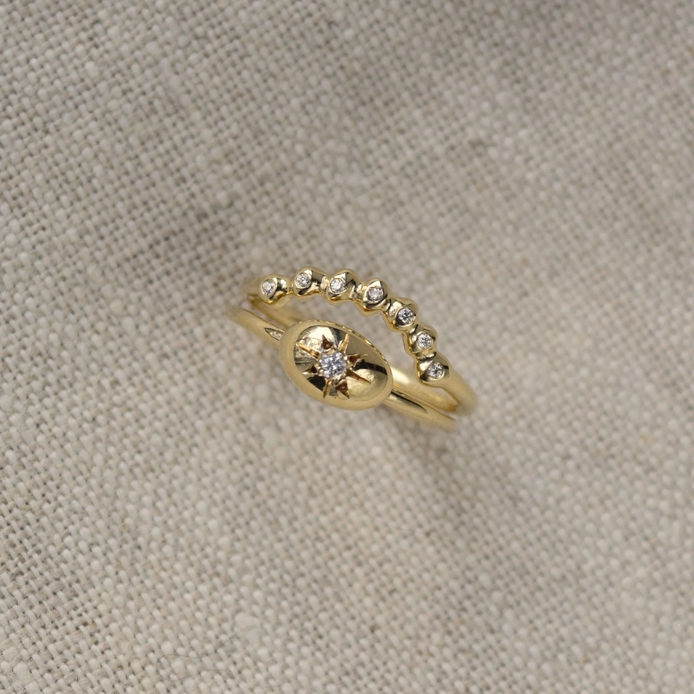 A bright diamond star to symbolize the beauty of this moment. This celestial inspired ring features a brilliant diamond set in a starburst setting that radiates light and joy.