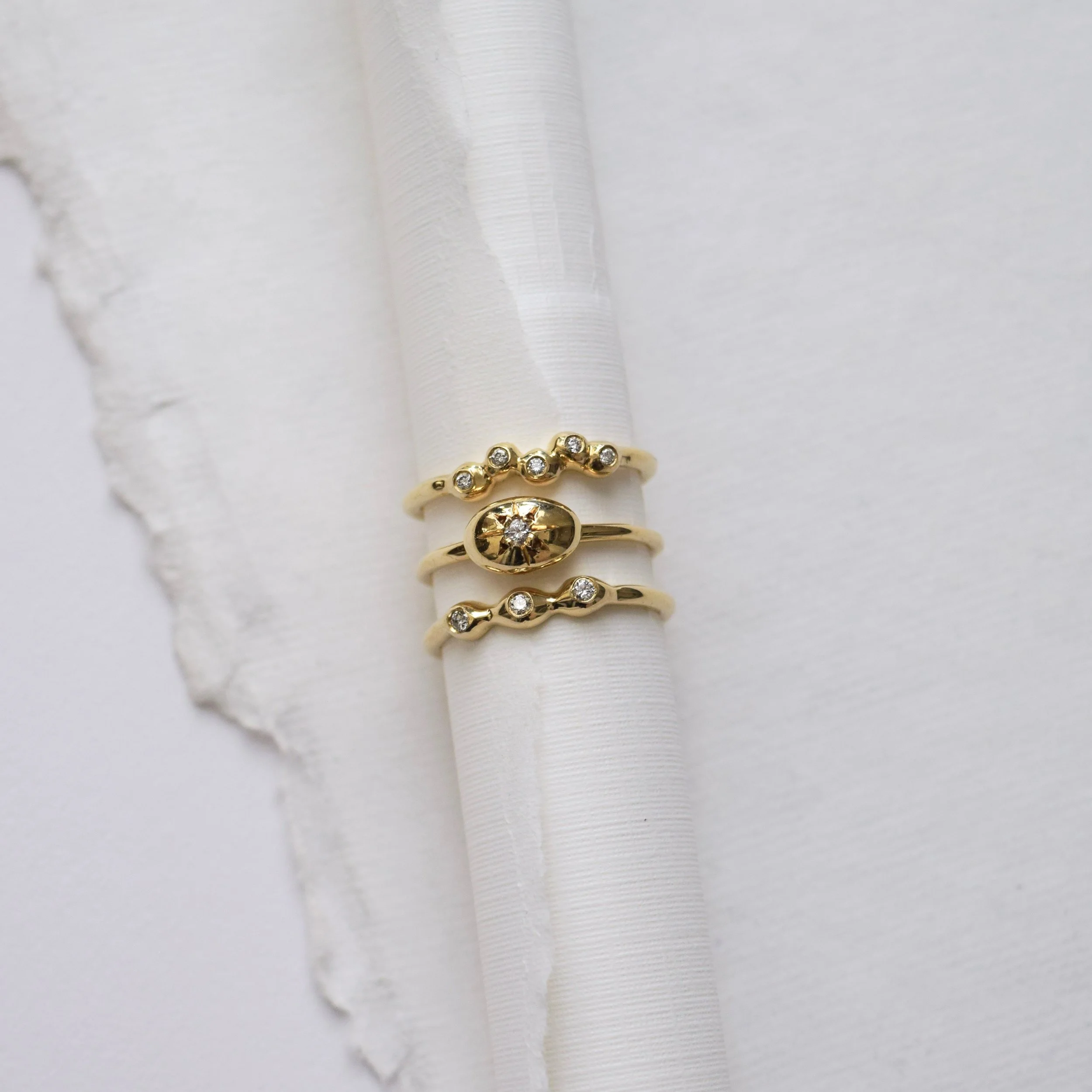 A constellation inspired diamond ring, featuring three conflict-free diamonds. Let it remind you of the defining moments and people in your life, or as a way to honor your past, present and future.