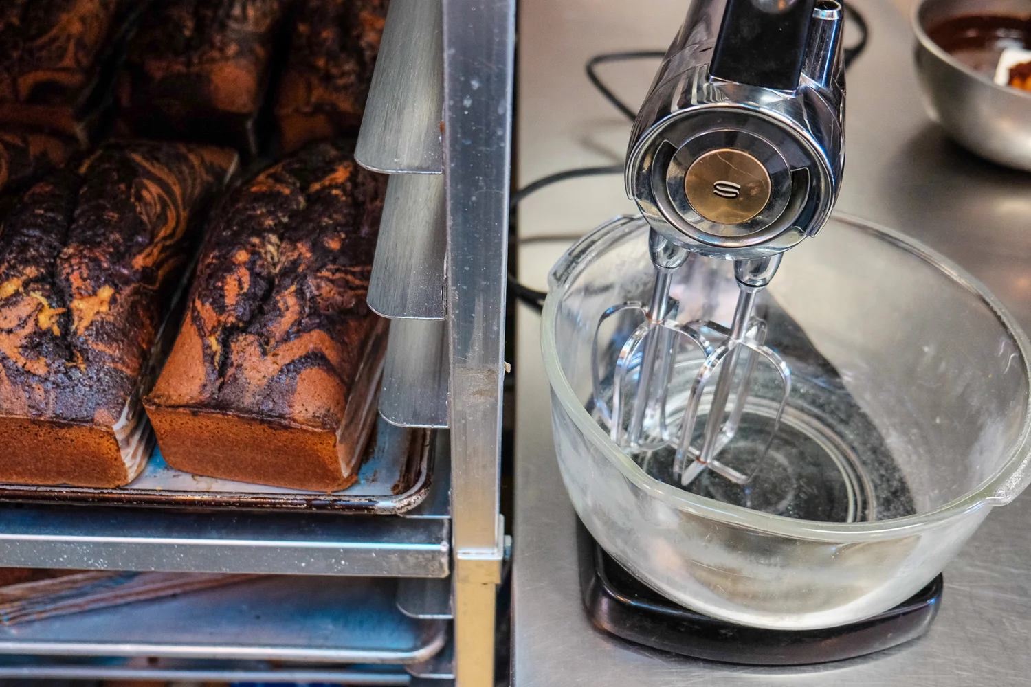 here the mixer is shifted to one side for the larger bowl