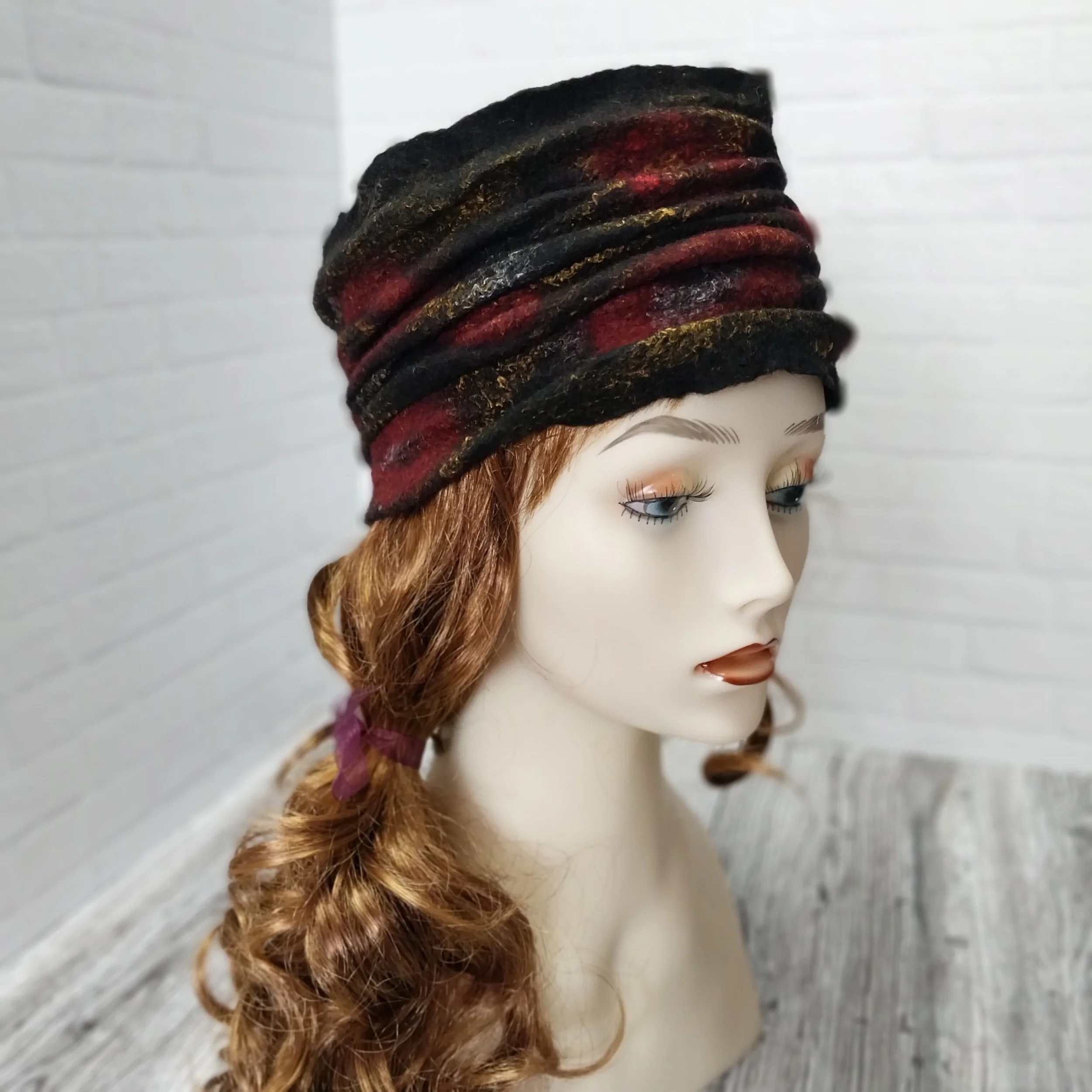   Nuno Felted Infinity Head/Neck Warmer - size 22 inches. (Merino wool and Tencel fibers, wet felted onto black silk fabric.)   Purchase Here  