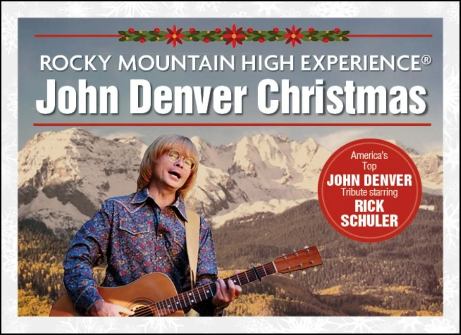 Image of a singer resembling John Denver holding a guitar in front of a backdrop of mountains.