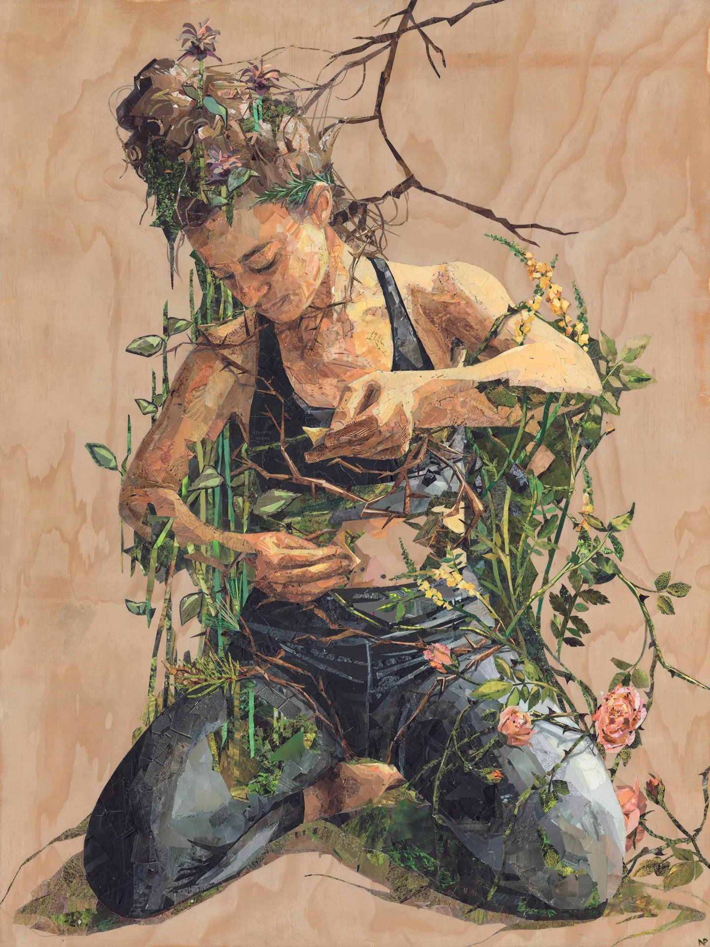 Image of artwork "Growth" by Nell Pierce depicting person kneeling with vines wrapped around them