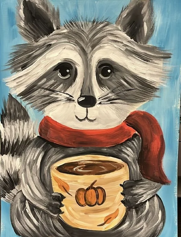 Painting of a Racoon holding a mug