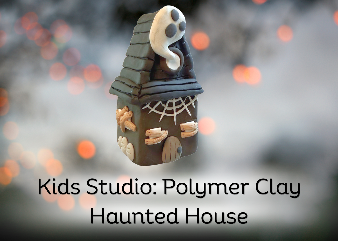Image of polymer clay house with a ghost flying out the attic window