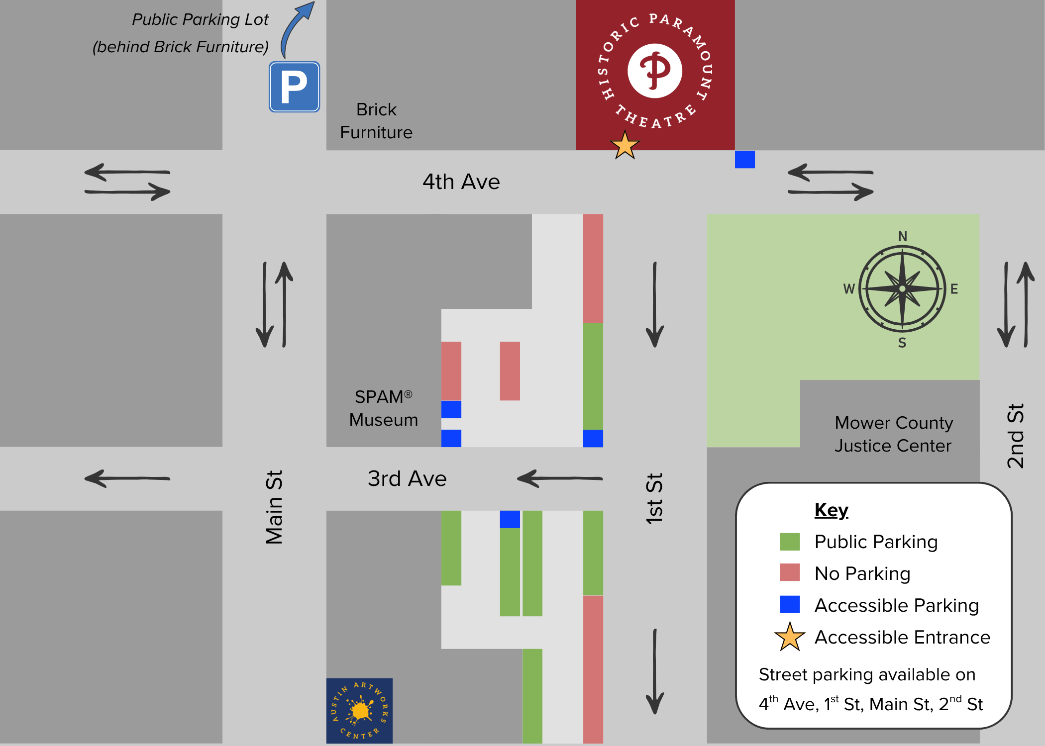 Map of accessible parking spaces and entrance at the Historic Paramount Theatre